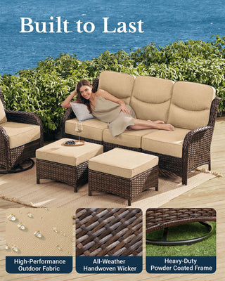 Luxury Patio Furniture Set with 6-inch Thick Cushion, Outdoor Couch and High Back Swivel Rocker Patio Chairs, 11PCS Wicker Conversation Set for Deck Yard and Poolside, Beige (V2)