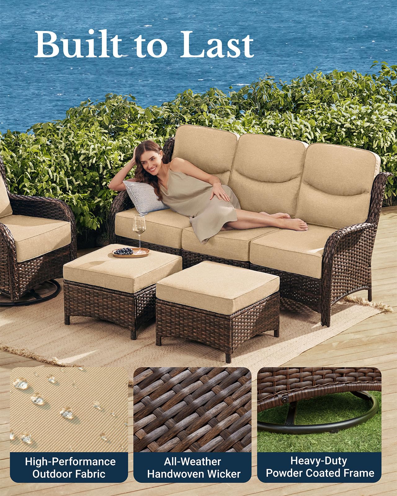 Luxury Patio Furniture Set with 6-inch Thick Cushion, Outdoor Couch and High Back Swivel Rocker Patio Chairs, 8PCS Wicker Conversation Set for Deck Yard and Poolside, Beige (V2)