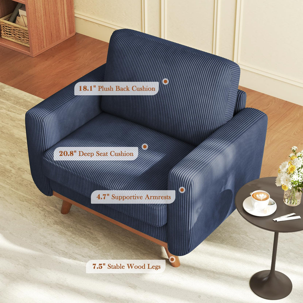38.5" Accent Chair Dark Blue, Comfy Corduroy Single Sofa Seat with Spring Cushion, Upholstered Armchair with Deep Seat, Reading Chair for Adults, Modern Sofa for Living Room, Bedroom