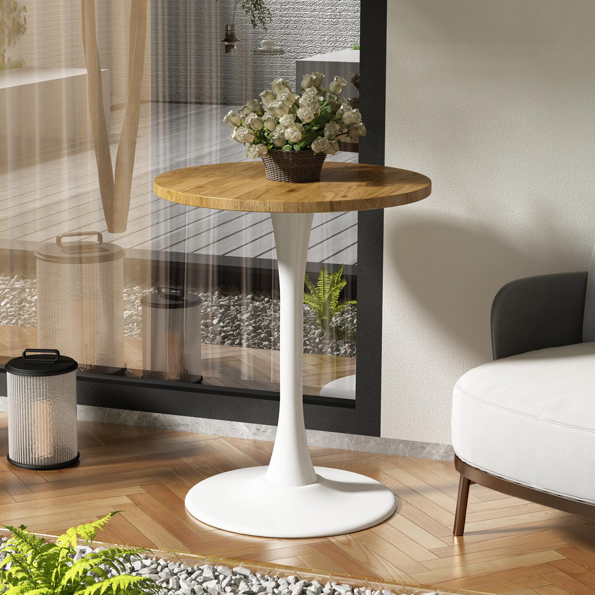 Round Dining Table 24" Circle Tulip Table with Wood Thickened Tabletop & Sturdy Metal Pedestal Mid Century Modern Leisure Bistro Kitchen Tables 2 People Small Places Living Room Cafe,Oak