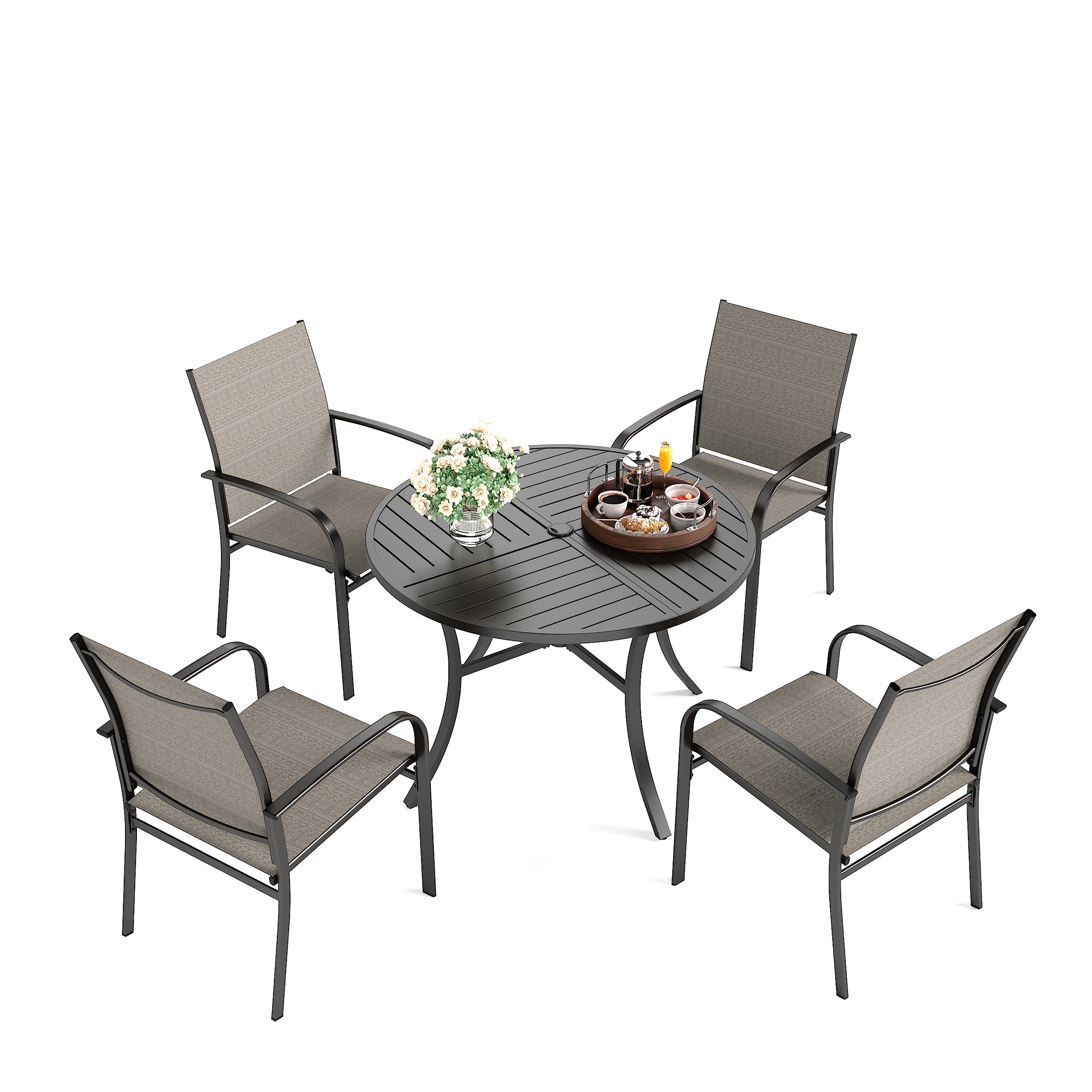 Round Patio Dining Set, 5 Piece Outdoor Metal Table and Chairs Set for Lawn Garden Backyard Deck