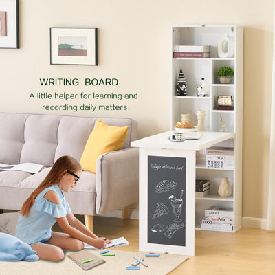 Folding Desk with Storage,Foldable Convertible Writing table with Blackboard and Shelves,Wall Mount Fold Out Table Cabinet , Space-Saving Murphy Desk Multi-Function Home Office Workstation (White)