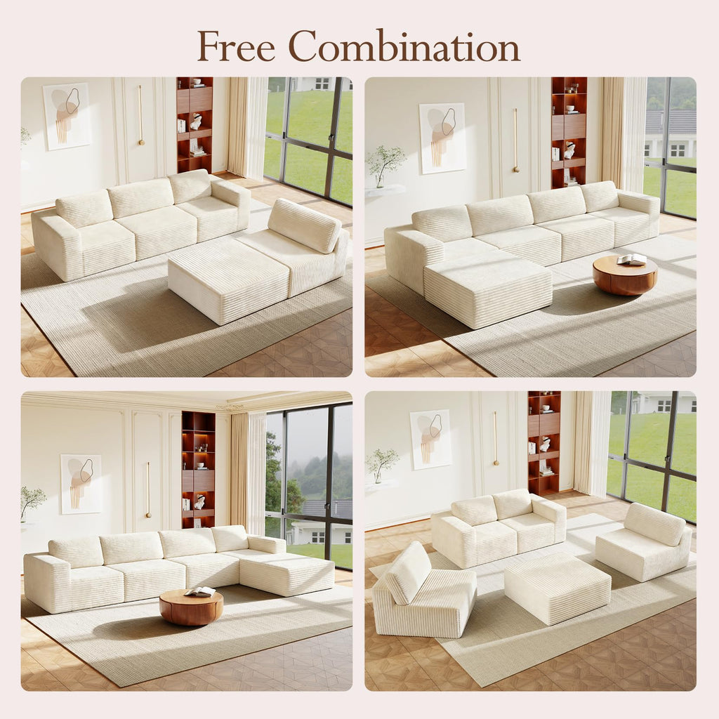 159" Large Modular Sectional Sofa, L-Shaped Corduroy Cloud Couch with Deep Seats & Spring Support, 4-Seater Boneless Sofa with Movable Ottoman, No Assembly Needed, Beige