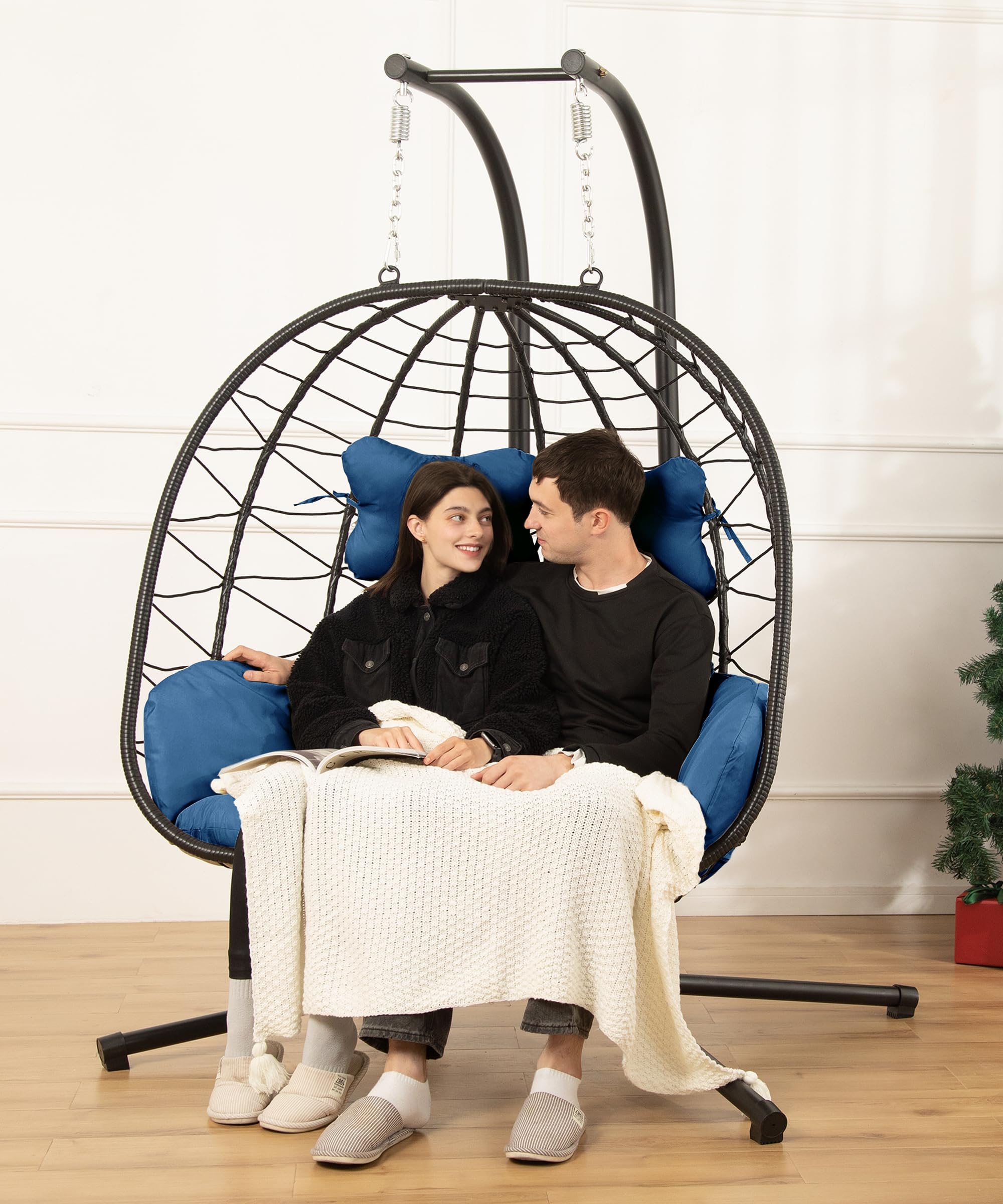 Double Egg Chair with Stand Hammock Swing Chair Foldable Hanging Loveseat, UV Resistant Removable Cushions, 700LBS Capacity for Bedroom, Balcony, Garden(BK-BL)