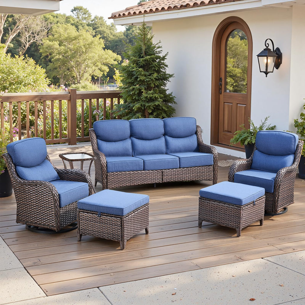 Luxury 6" Thick Cushioned 6 Pieces Patio Furniture Set with Outdoor Couch, Wicker Outdoor Conversation Set with High Back Swivel Rocker Chairs for Deck Porch Yard and Poolside - Brown+Blue