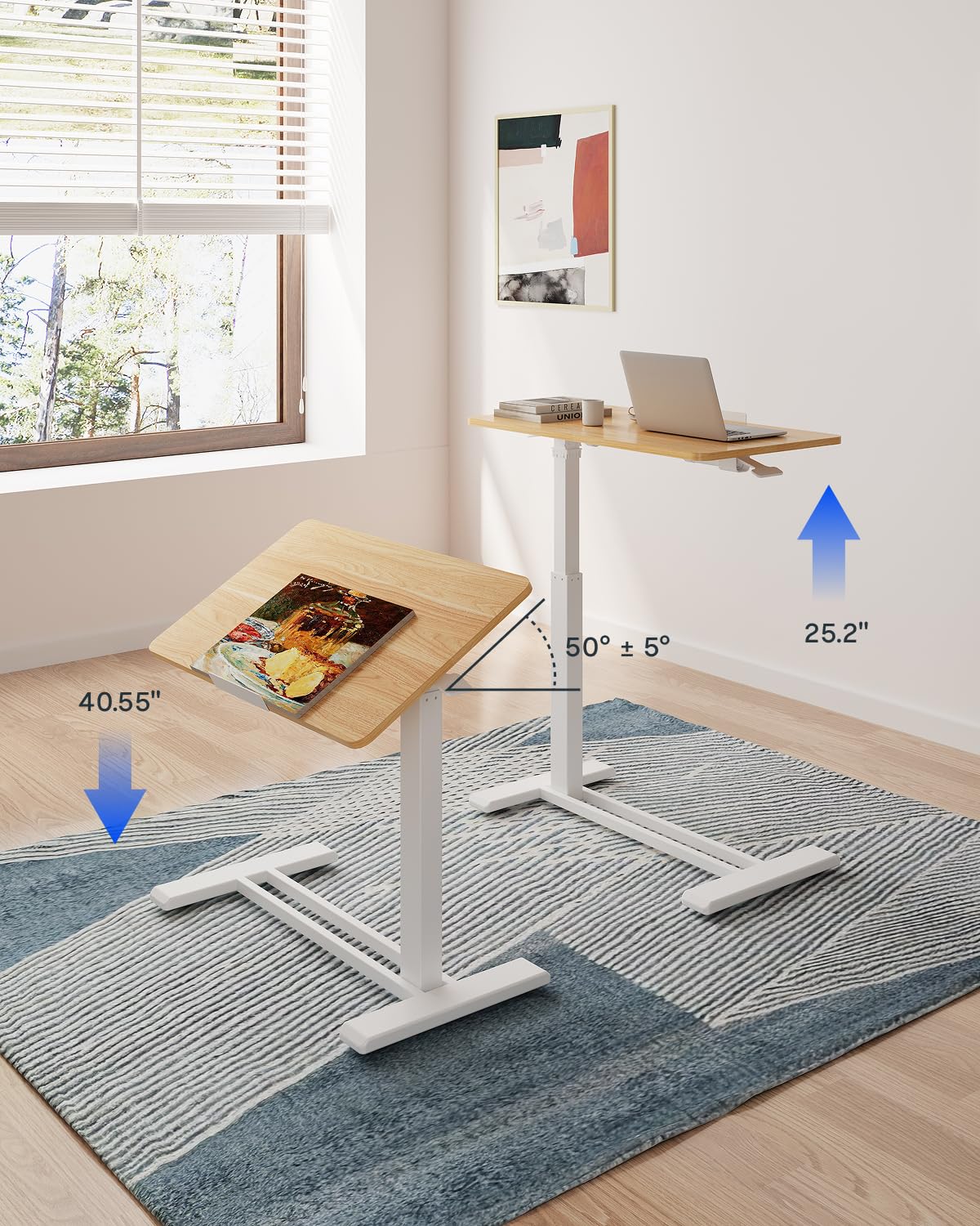 H7 PRO Mobile Standing Desk Adjustable Overbed Table Pneumatic with Wheels 55°Tiltable Portable Laptop Desk Rolling Computer Cart Foldable Bedside Table(27.6" W x 15.7" D, Maple)