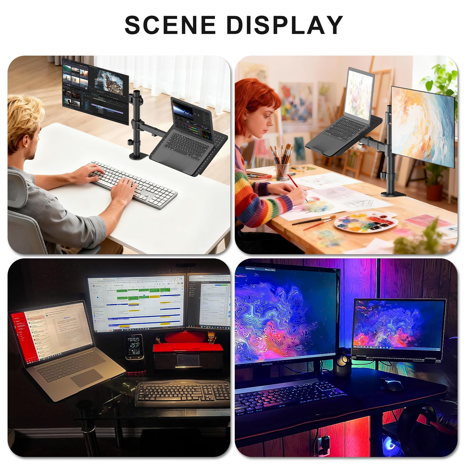 Dual Arm Laptop and Monitor Desk Mount for 17" Notebook and Up to 27" Screen, Fully Adjustable Monitor Arm with Laptop Tray, VESA 75x75 100x100, Holds up to 22 lbs, Black (M001LP)