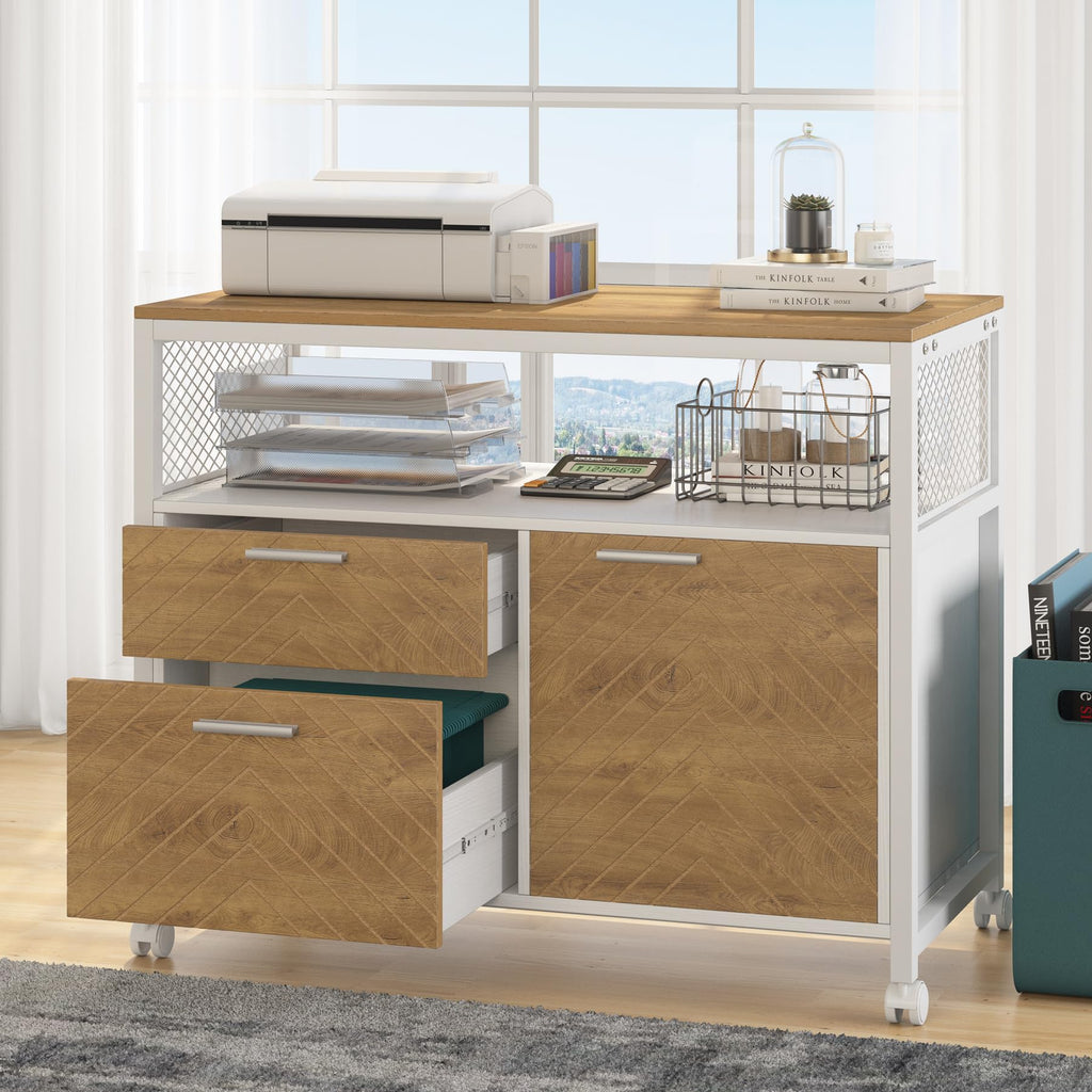 L Shaped Desk with Drawer Cabinet, 63" Executive Computer Desk and lateral File Cabinet, 2 Piece Home Office Furniture with Drawers for Hanging, Doors with Locks (Light Walnut, 63 inches)