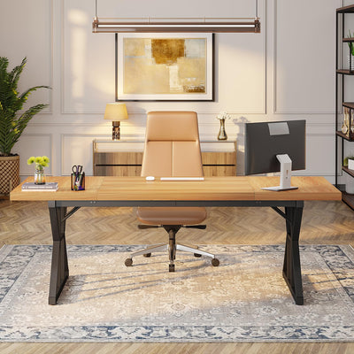 70.8-Inch Executive Desk, Large Computer Office Desk Workstation, Modern Simple Style Laptop Desk Study Writing Table Business Furniture for Home Office (Light Walnut/Black, 70.8 Inch)