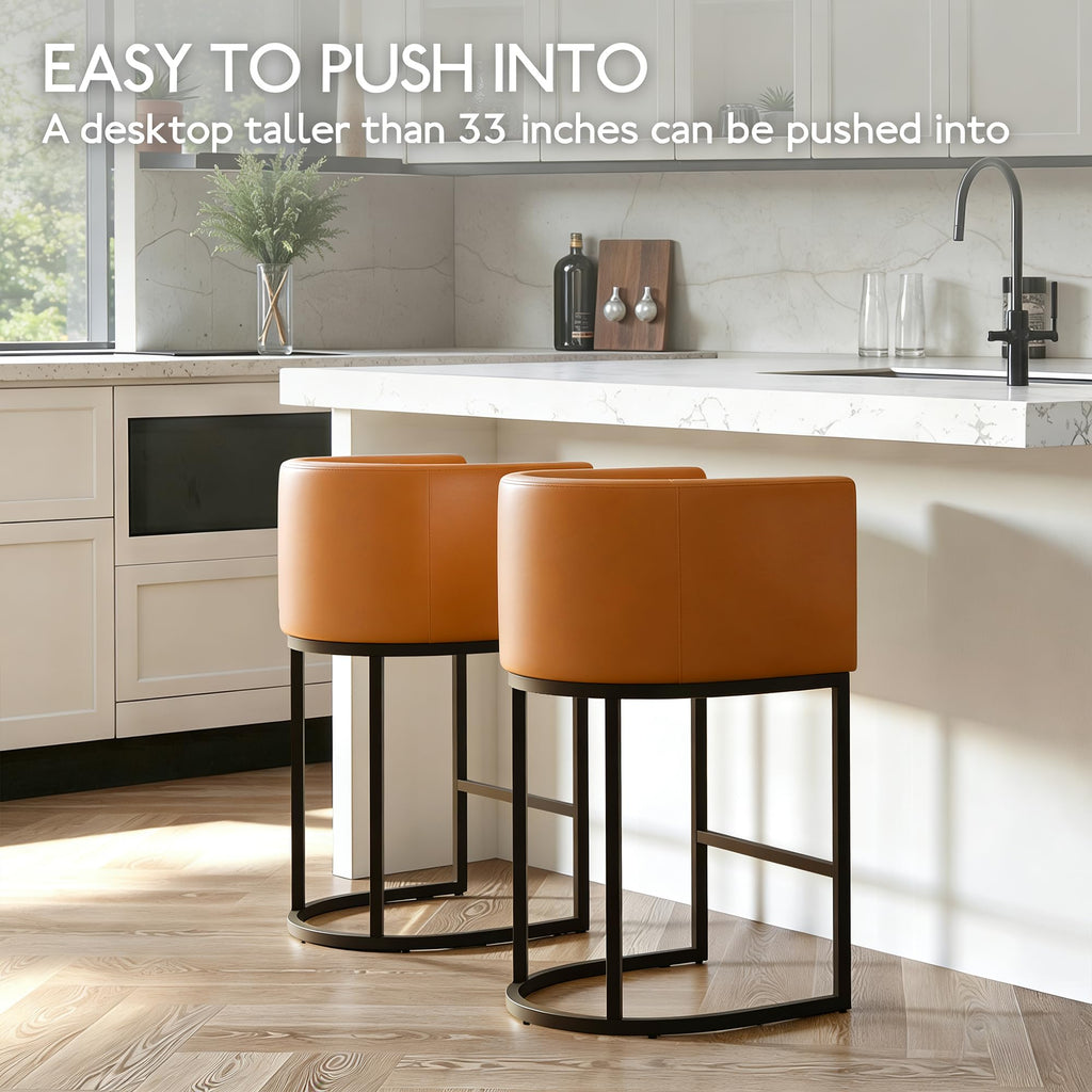 Modern Counter Height Bar Stools,Bar Stools Set of 3,PU Leather Upholstered Barrel Barstools with Backs,24'' Kitchen Island Chairs,Metal Black Frames,Camel Brown Leather