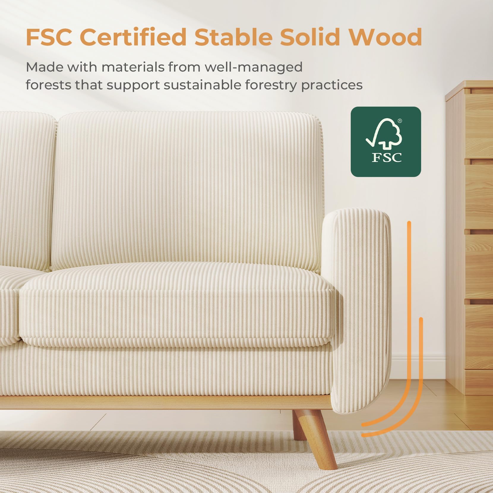 68" Loveseat Sofa Beige, Comfy Corduroy Couch with Spring Cushion, Modern Sofa with Deep Seat, for Bedroom & Living Room