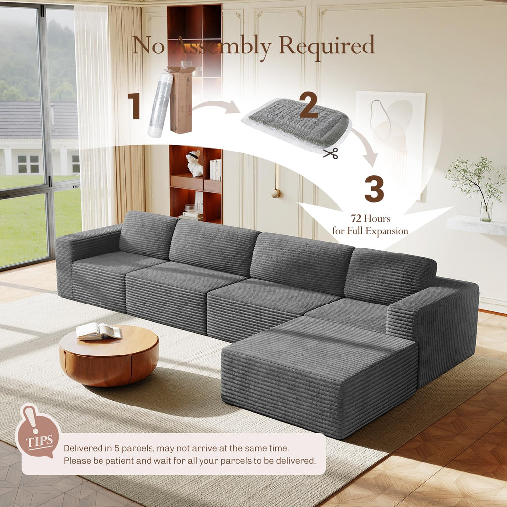 159" Large Modular Sectional Sofa, L-Shaped Corduroy Cloud Couch with Deep Seats & Spring Support, 4-Seater Boneless Sofa with Movable Ottoman, No Assembly Needed, Grey
