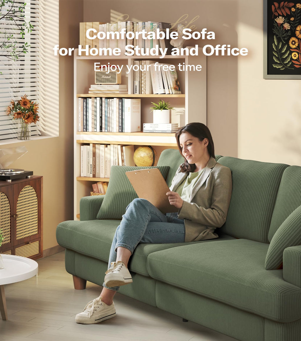 87in Corduroy Couch, Kidirect Sofa No Tool Assembly, Comfy Couches for Living Room 21in Deeper Seats, Corduroy Sofas for Living Room with 2 Pillows, Oversized Loveseat Sofa, Boho Love Seat Olive Couch