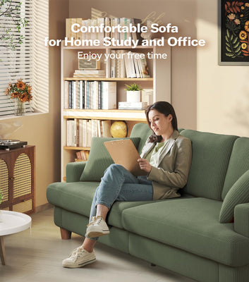 87in Corduroy Couch, Kidirect Sofa No Tool Assembly, Comfy Couches for Living Room 21in Deeper Seats, Corduroy Sofas for Living Room with 2 Pillows, Oversized Loveseat Sofa, Boho Love Seat Olive Couch