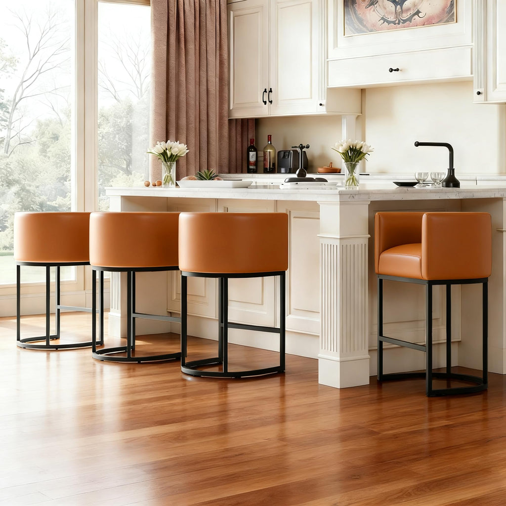 Modern Counter Height Bar Stools,Bar Stools Set of 1,PU Leather Upholstered Barrel Barstools with Backs,24'' Kitchen Island Chairs,Metal Black Frames,Camel Brown Leather