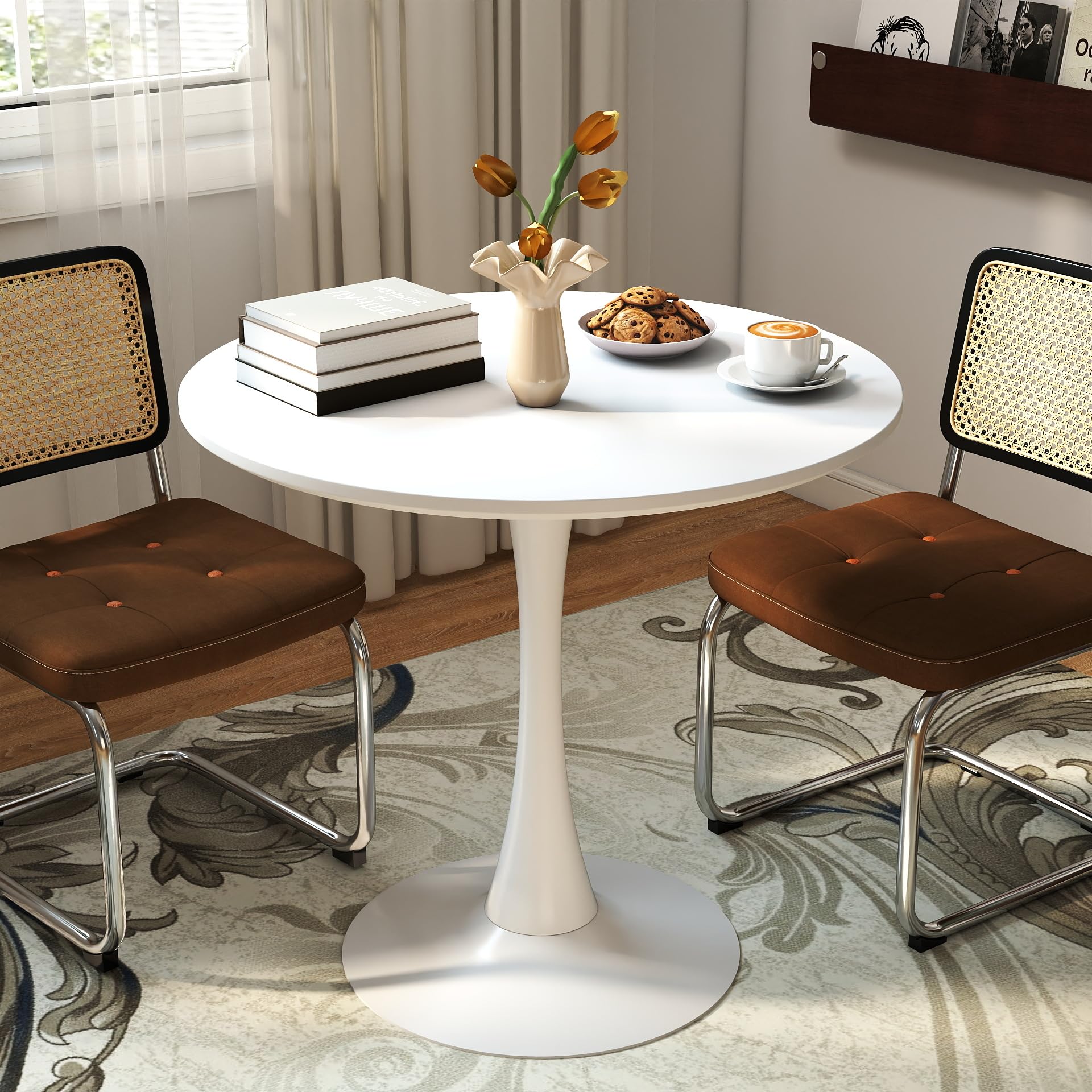 White Round Dining Table, 31.5" Circle Tulip Table Kitchen Round Dining Table for 2-4 People with Thickened Top and Metal Pedestal, Mid Century Leisure Table for Home, Dining Room, Cafe