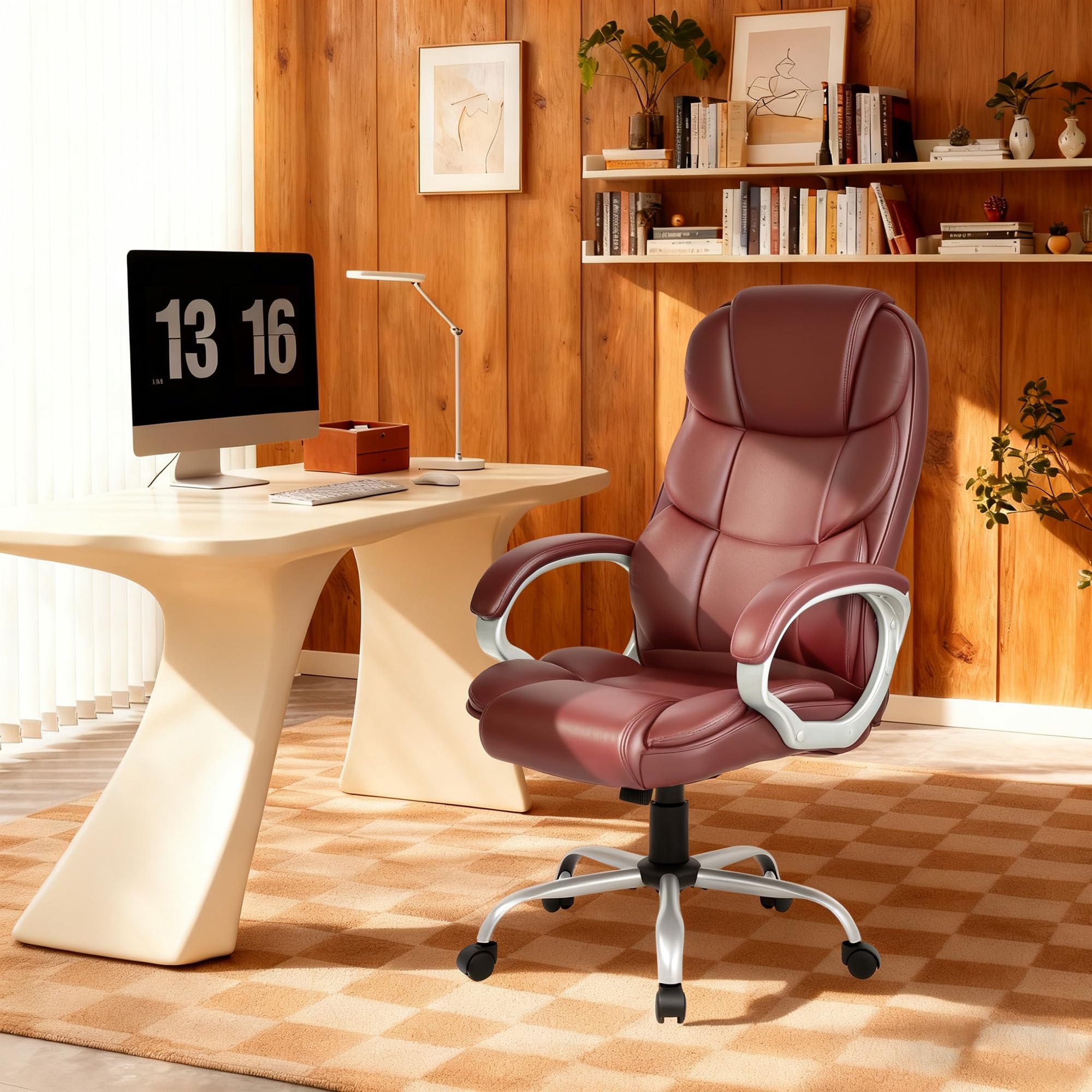 Office Chair Computer High Back Adjustable Ergonomic Desk Chair Executive PU Leather Swivel Task Chair with Armrests Lumbar Support (Dark Brown)