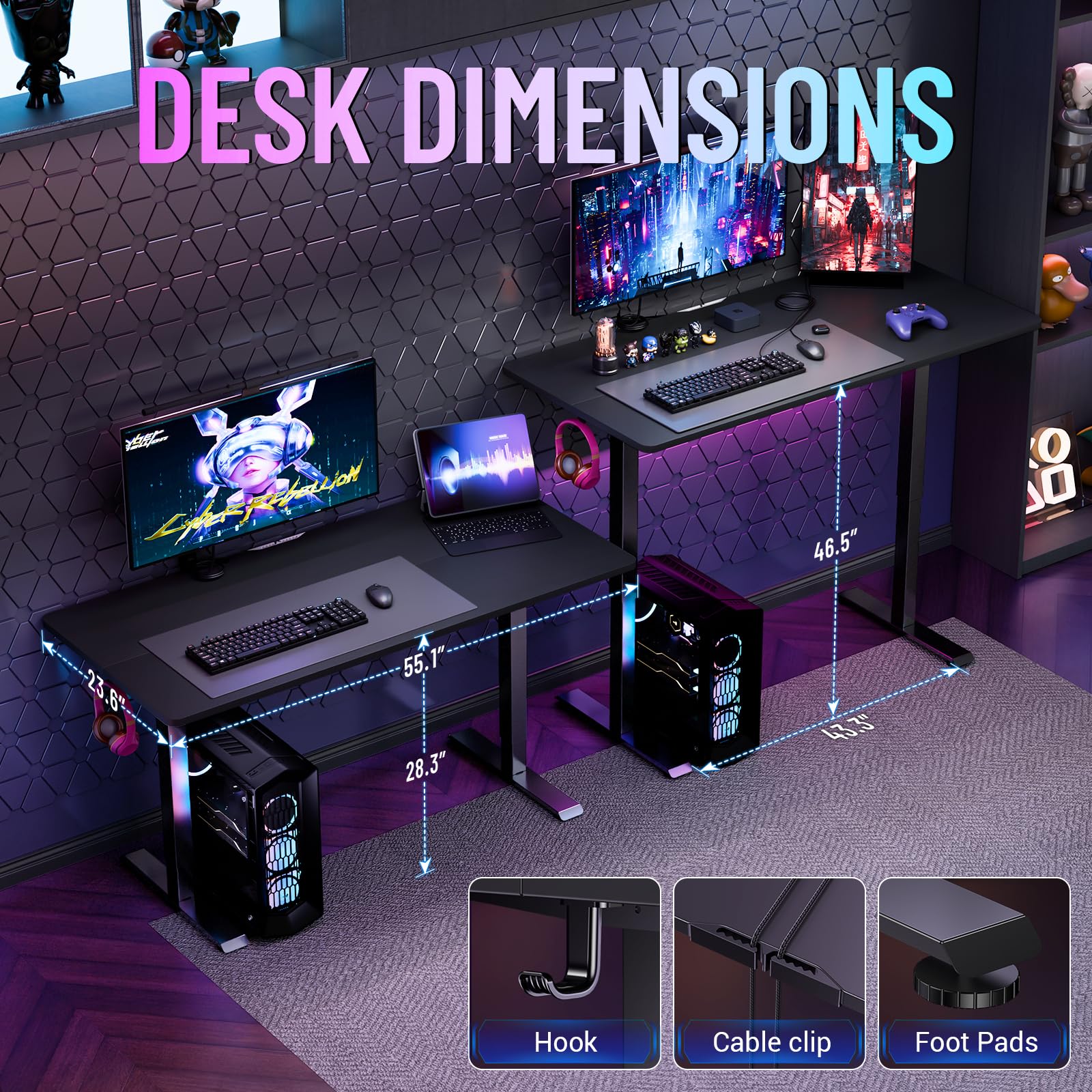 55 Inch Large Electric Standing Gaming Desk, Heights Adjustable,Sit to Stand Up, Work Home Office Computer Table for Study, Walking Pad, Writing, and Games, Wooden Desktop Desks, Black