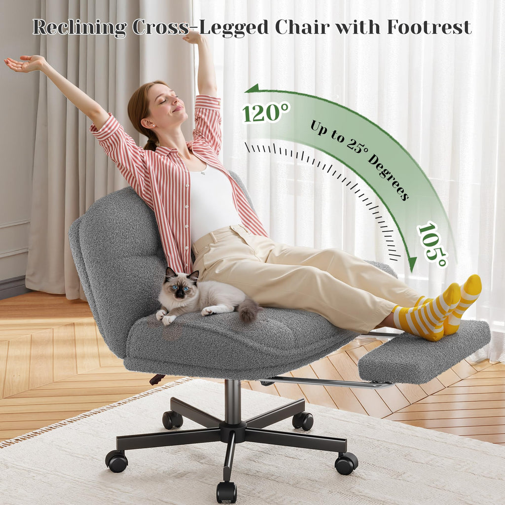 Cross Legged Office Chair with Foot Rest, 6.3" Thick Cushioned Criss Cross Chair with Wheels, Height Adjustable Swivel Vanity Chair for All-Day Comfort (Grey)