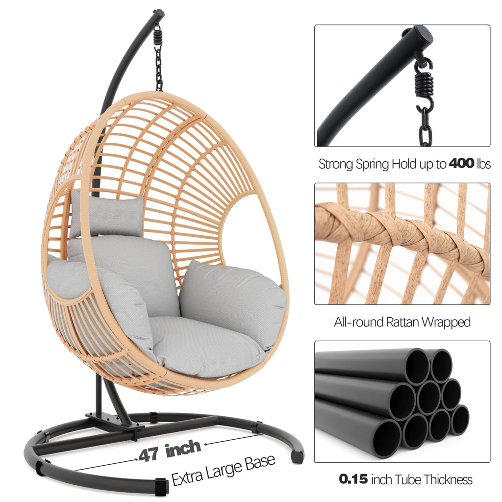 Oversized Hanging Egg Chair Outdoor Indoor, Wicker Swing Egg Chair with Stand 400lbs Capacity for Bedroom, Patio, Garden and Balcony (Beige-Regular, Oversize)