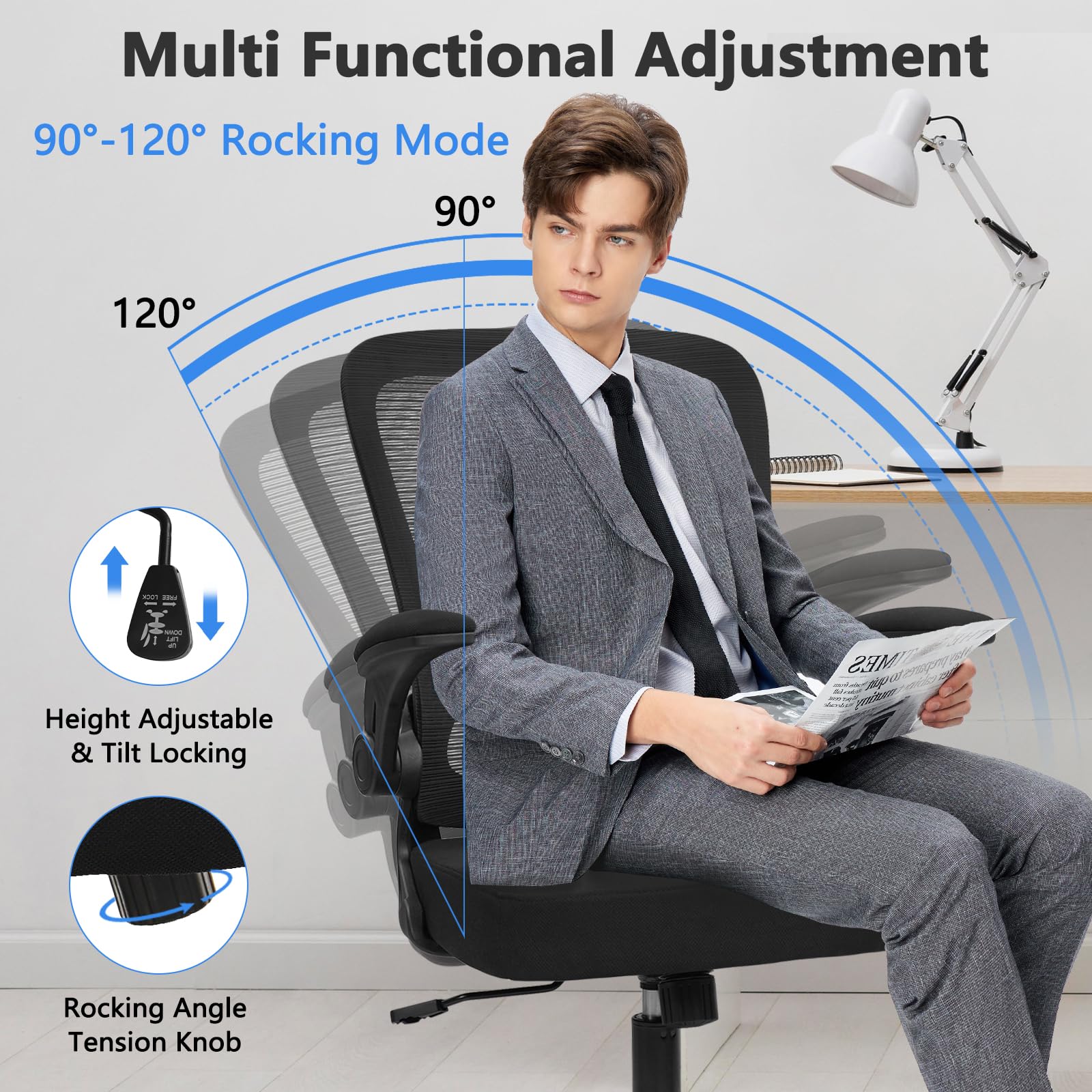 Home Office Desk Chair with Flip Up Armrests, Mesh Back Chair with Adjustable Height Lumbar Support, Ergonomic Computer Task Chair with Wheels for School, Conference, Black