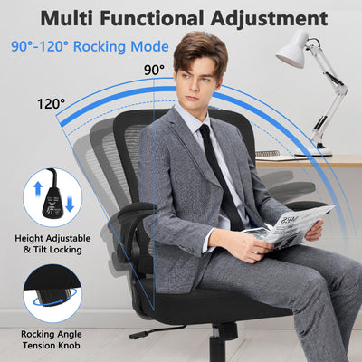 Home Office Desk Chair with Flip Up Armrests, Mesh Back Chair with Adjustable Height Lumbar Support, Ergonomic Computer Task Chair with Wheels for School, Conference, Black