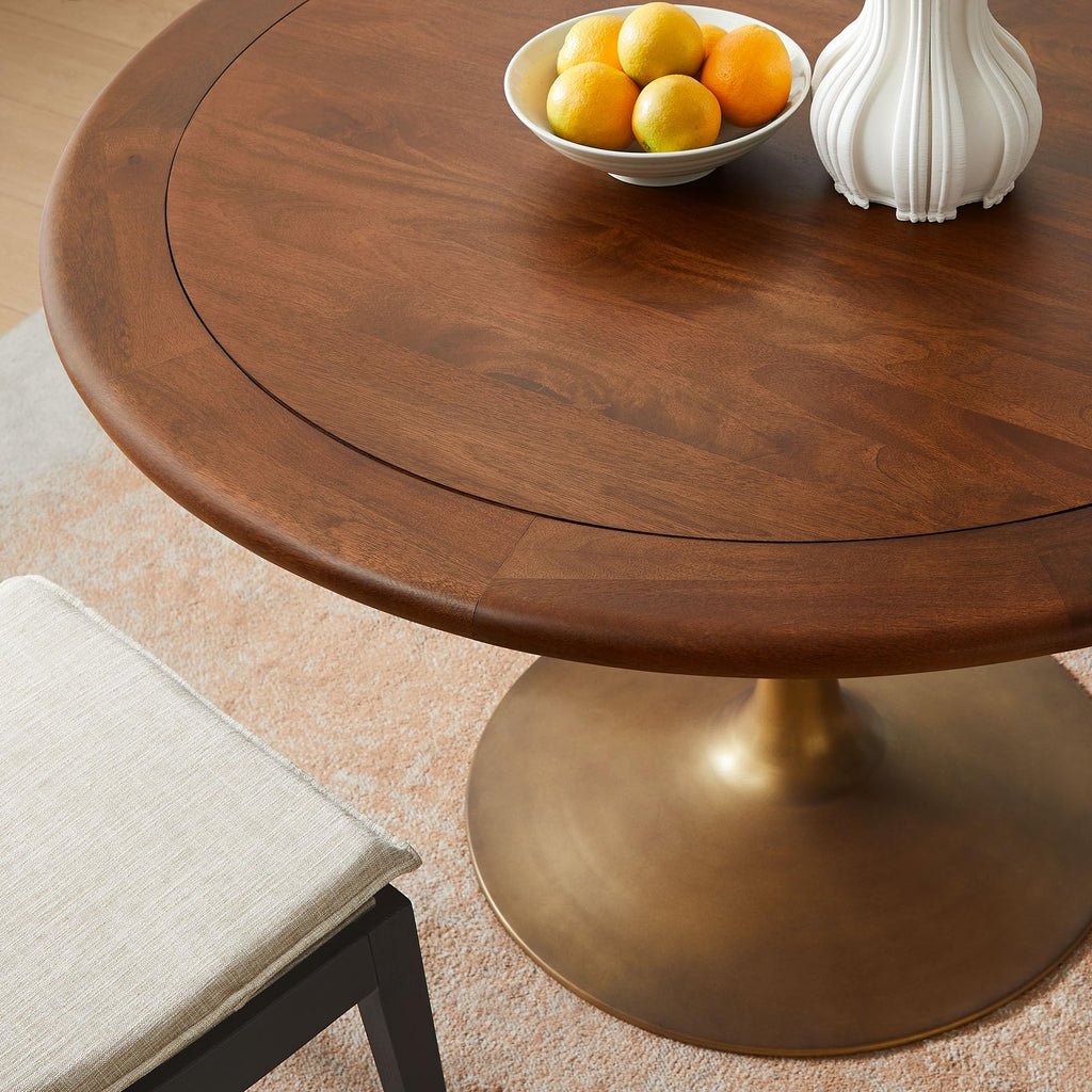48 Inch Round Wood Dining Table with Metal Pedestal in Brass Walnut - Modern Industrial Dining Table for 4 People - Solid Wood Tulip Kitchen Table
