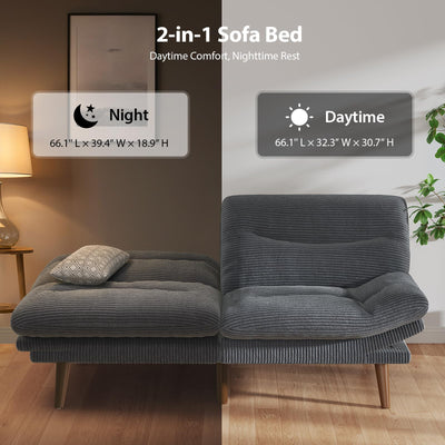 Sofa Bed, 66 Inch Corduroy Futon Couch Convertible with Adjustable Backrest and Armrests, Recliner Sleeper Sofa for Small Spaces, Living Room, Office, Guest Room (Grey, 66 Inch)