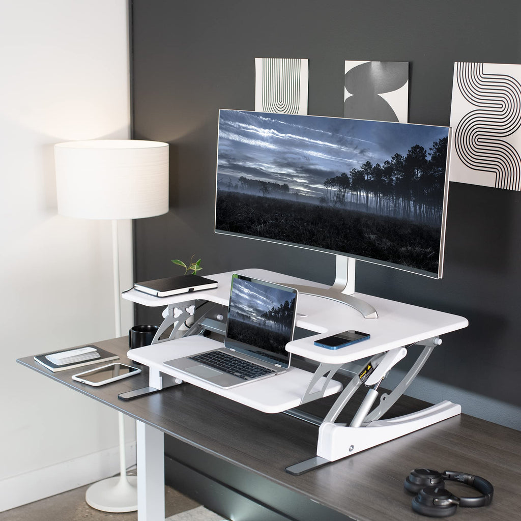 36 inch Height Adjustable Stand Up Desk Converter, V Series, Quick Sit to Stand Tabletop Dual Monitor Riser Workstation, White, DESK-V000VW