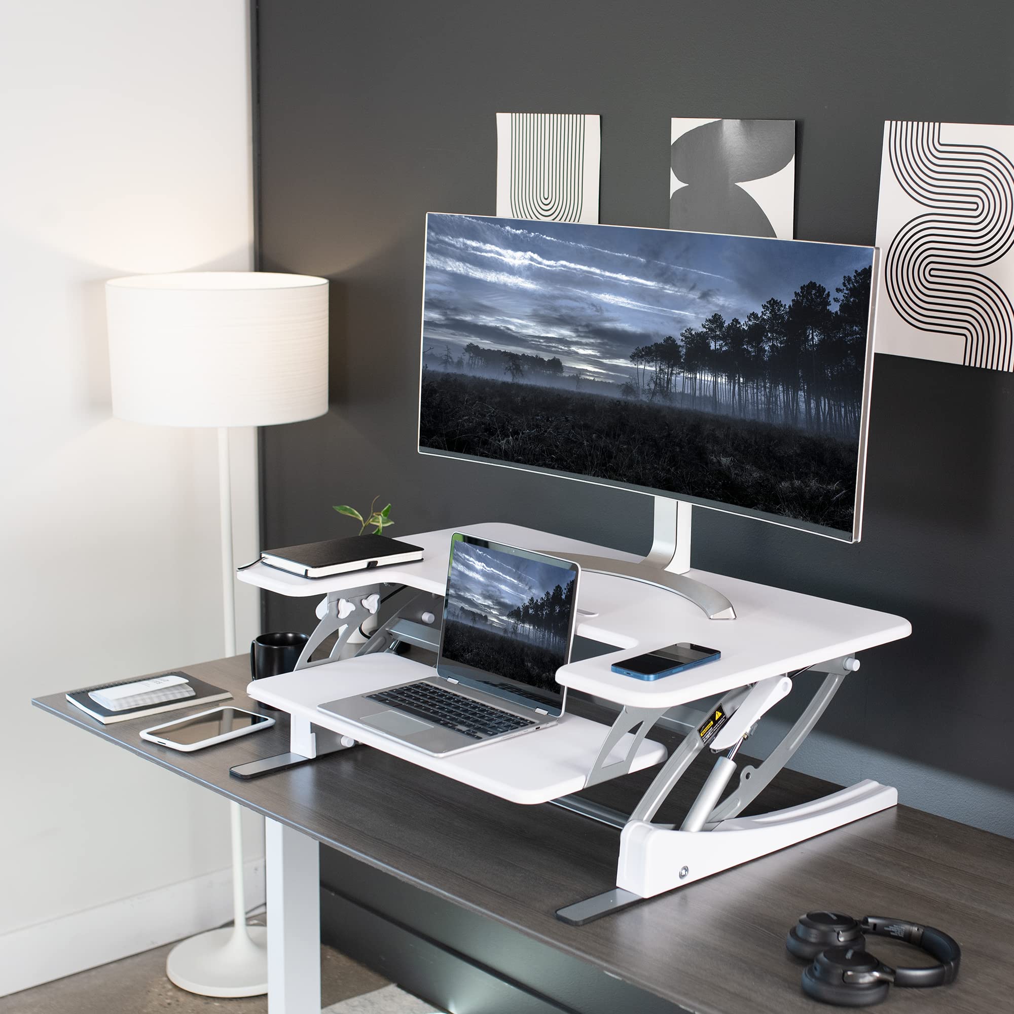 36 inch Height Adjustable Stand Up Desk Converter, V Series, Quick Sit to Stand Tabletop Dual Monitor Riser Workstation, White, DESK-V000VW
