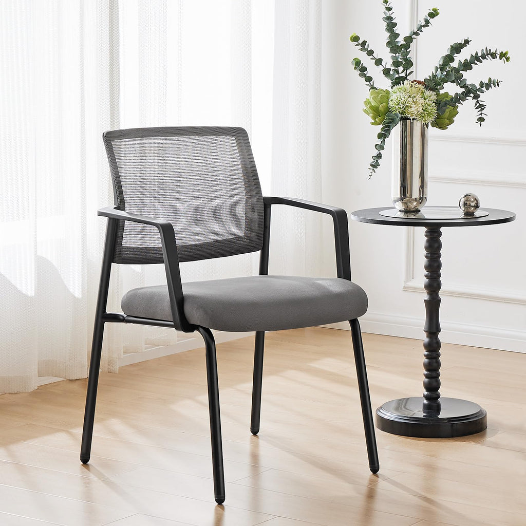 Grey-4pack, Mesh Back Stacking Arm Chairs, Office Reception Guest Chair with Upholstered Fabric Seat and Ergonomic Lumber Support, Sturdy Metal Office Chairs