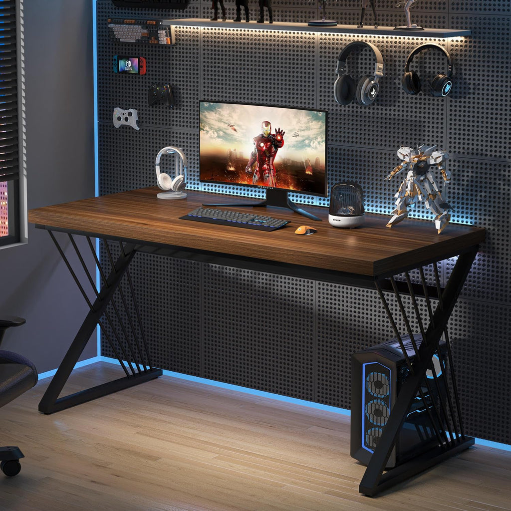 Computer Desk for Home Office Workstation, Modern Writing Study Work Table, PC Gaming Table for Bedroom Living Room, Rustic Walnut, 53 Inch