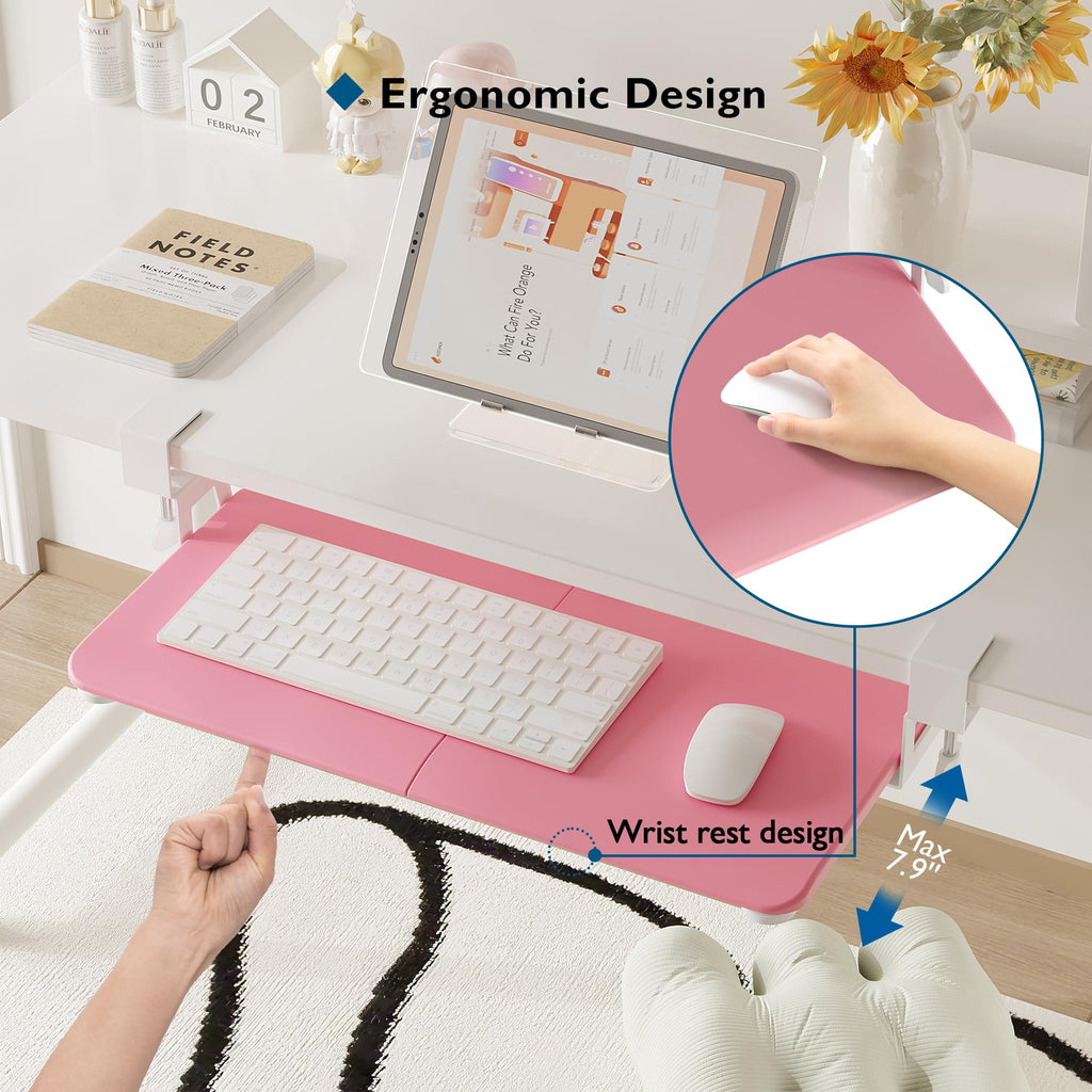 KMT01 Under Desk Keyboard Tray, Pull-Out Keyboard & Mouse Platform with C-Clamp, 25.6 x 11.8 in Space-Saving Ergonomic Slide-Out Drawer, Pink