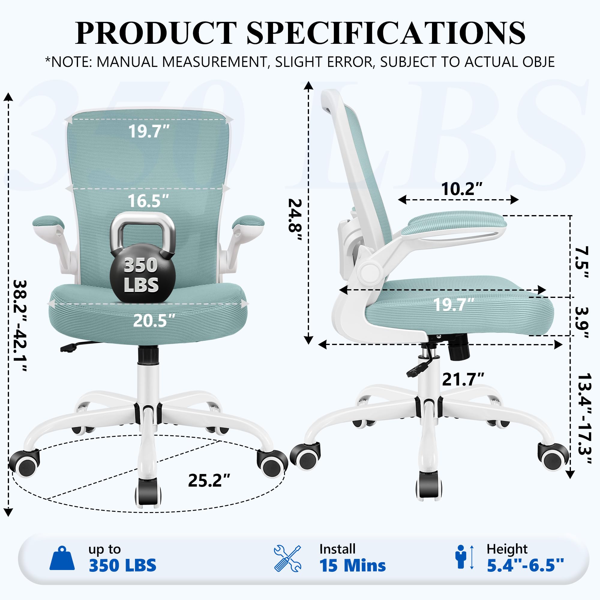 Office Chair, Ergonomic Desk Chair Breathable Mesh Chairs Adjustable High Back Lumbar Support Flip-up Armrests, Executive Rolling Swivel Comfy Computer Chairs Home Office Light Blue