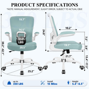 Office Chair, Ergonomic Desk Chair Breathable Mesh Chairs Adjustable High Back Lumbar Support Flip-up Armrests, Executive Rolling Swivel Comfy Computer Chairs Home Office Light Blue