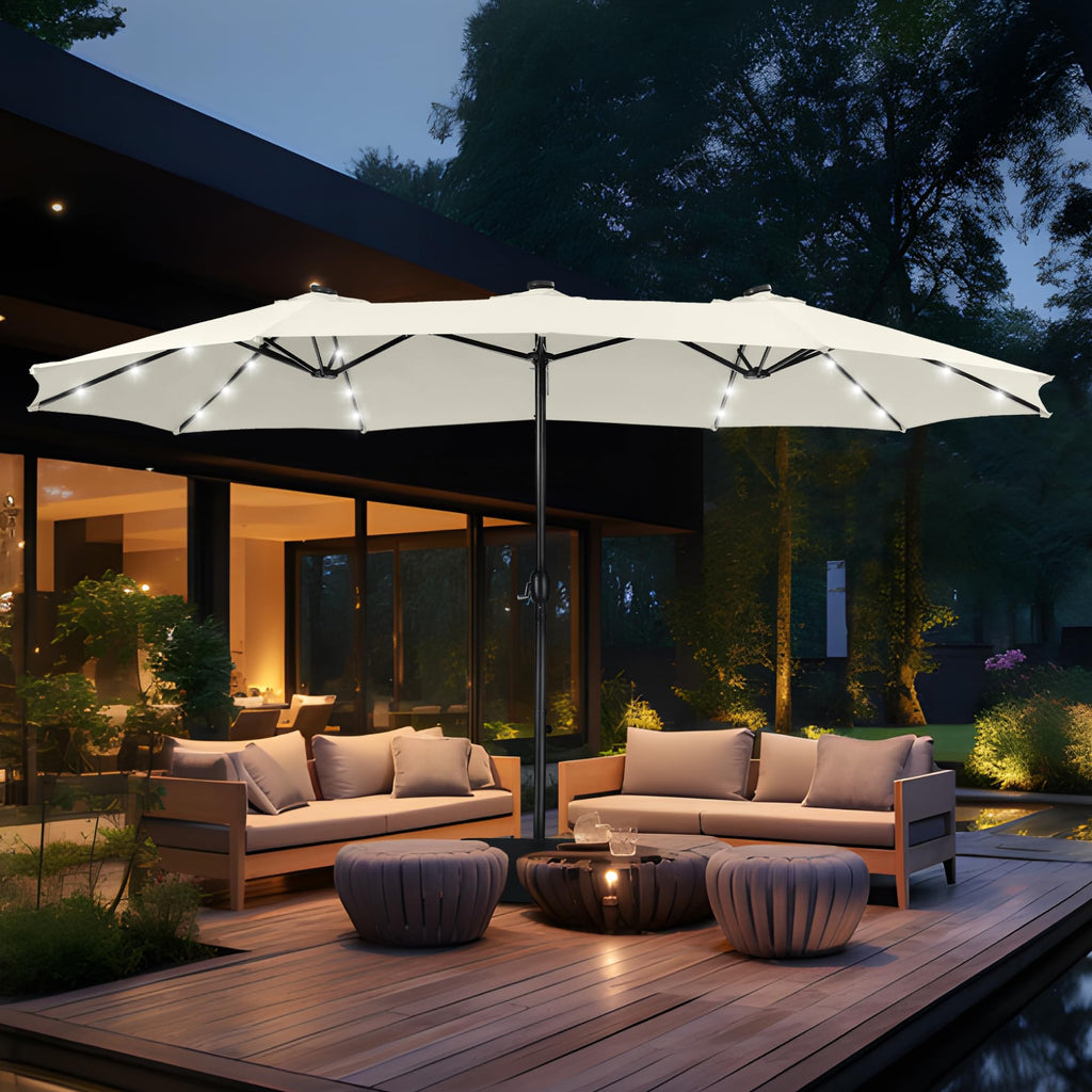 15ft Double Sided Patio Umbrella with Solar Lights, Outdoor Large Umbrellas with Crank Handle and 36 LED Lights, Rectangular Market Umbrella with Base Included for Deck Pool Shade, Ivory