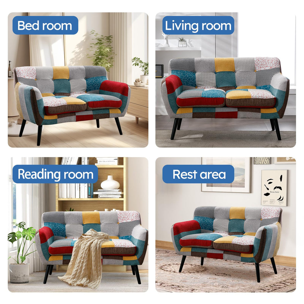 Modern Boho Loveseat Couch Sofa Chair for Living Room Bedroom, Upholstered Colorful Plaid Fabric 2-Seat Love Seat Sofa with Wood Leg for Small Space, One Loveseat