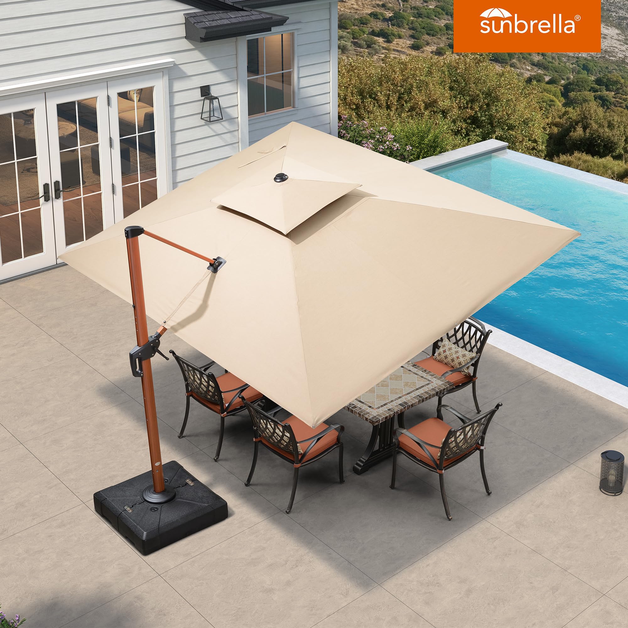 9' x 12' Double Top Deluxe Rectangle Patio Umbrella - Offset Hanging Cantilever Umbrellas in Heather Beige