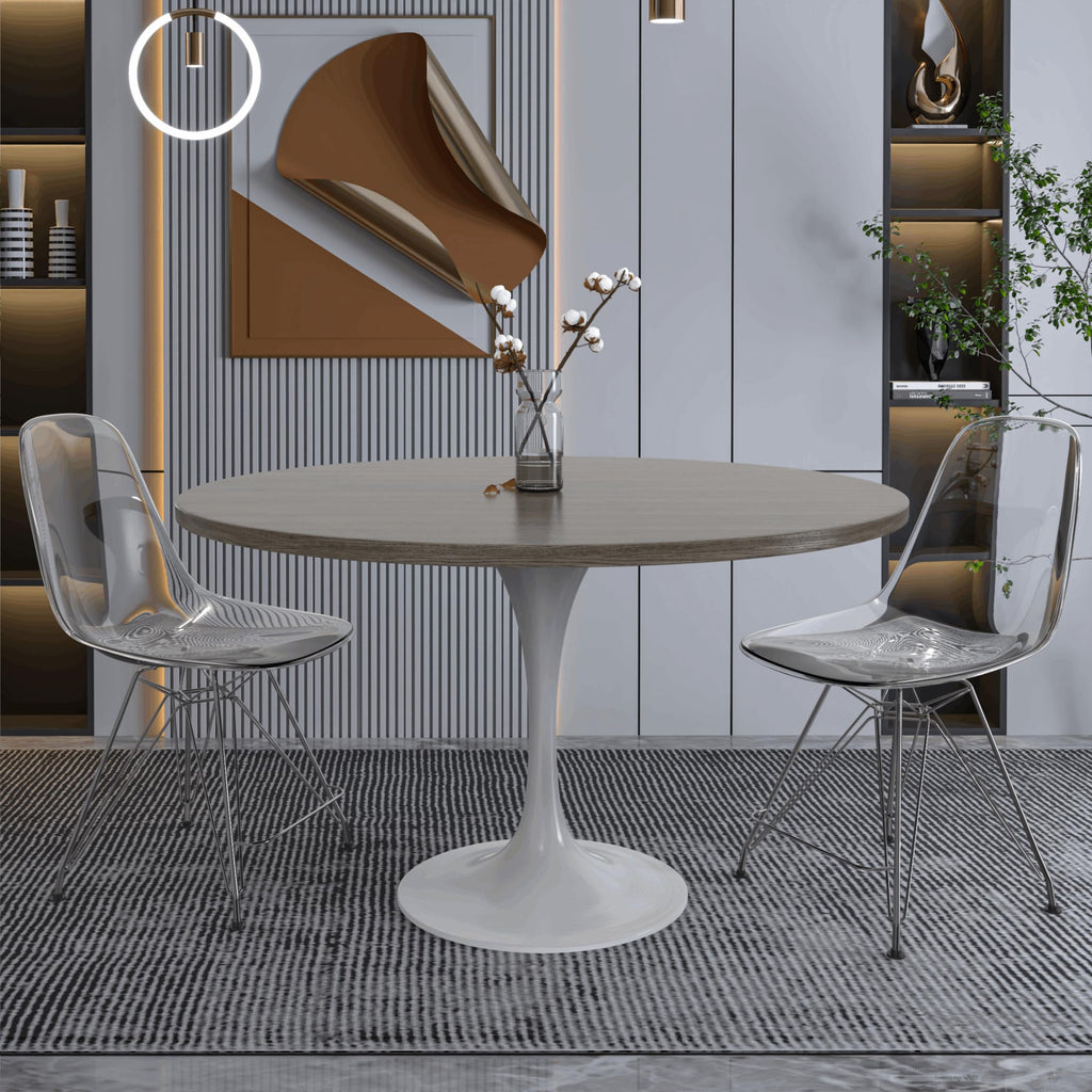 Mid-Century Modern 48 Inch Round Dining Table, MDF Wood Tabletop with White Steel Pedestal Base, Large Pedestal Kitchen & Dining Room Table, Breakfast Nook Table (Dark Maple)