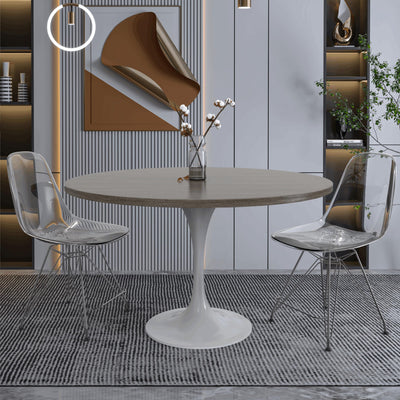 Mid-Century Modern 48 Inch Round Dining Table, MDF Wood Tabletop with White Steel Pedestal Base, Large Pedestal Kitchen & Dining Room Table, Breakfast Nook Table (Dark Maple)