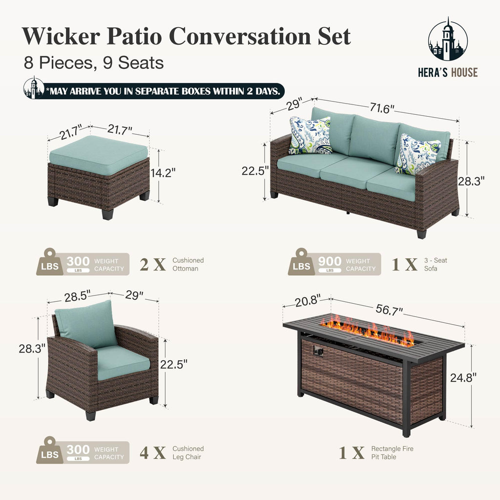 Patio Furniture Set with Fire Pit Table, Outdoor Wicker Furniture, All Weather Deep Seating Conversation Sofa Set, Brown Rattan Chairs for Deck Backyard, Blue