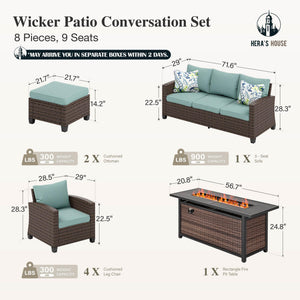 Patio Furniture Set with Fire Pit Table, Outdoor Wicker Furniture, All Weather Deep Seating Conversation Sofa Set, Brown Rattan Chairs for Deck Backyard, Blue
