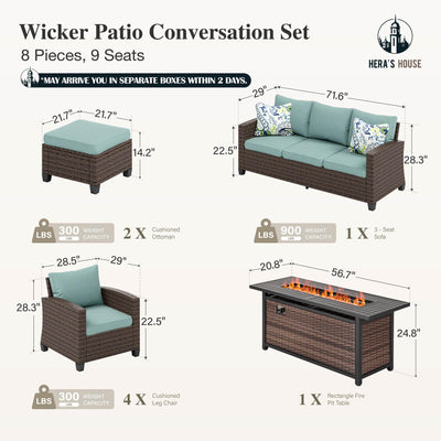 Patio Furniture Set with Fire Pit Table, Outdoor Wicker Furniture, All Weather Deep Seating Conversation Sofa Set, Brown Rattan Chairs for Deck Backyard, Blue