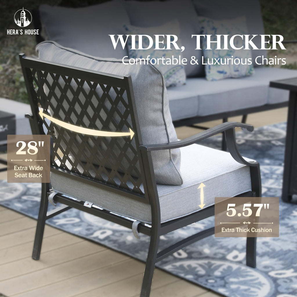 7 Piece Patio Furniture Set, 4 x Metal Cushioned Chair, 2 x Cushioned Ottoman, 1 x 3-Seat Sofa, Outdoor Conversation Set for Lawn Garden Backyard, Grey