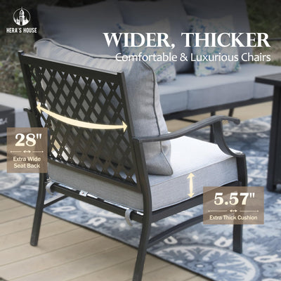 7 Piece Patio Furniture Set, 4 x Metal Cushioned Chair, 2 x Cushioned Ottoman, 1 x 3-Seat Sofa, Outdoor Conversation Set for Lawn Garden Backyard, Grey