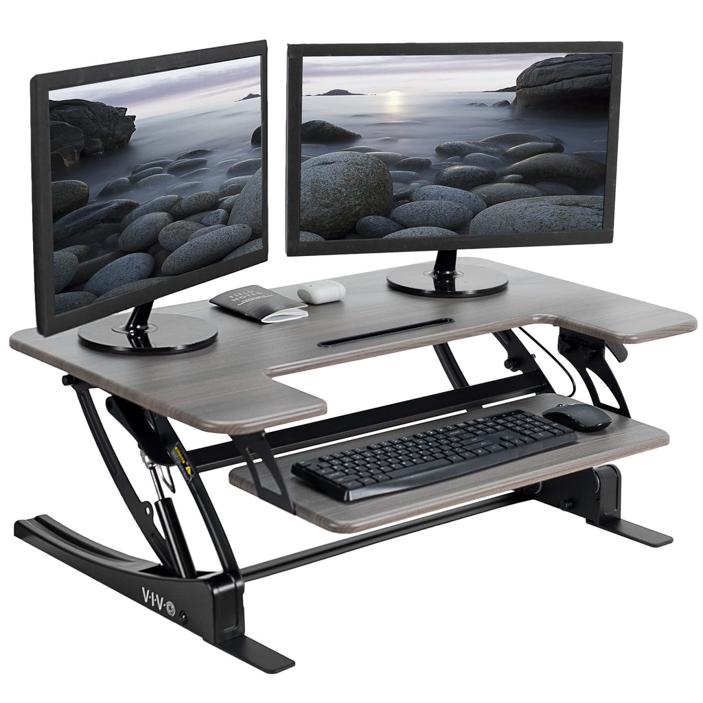 36 inch Height Adjustable Stand Up Desk Converter, V Series, Quick Sit to Stand Tabletop Dual Monitor Riser Workstation, Gray Top, Black Frame, DESK-V000VG