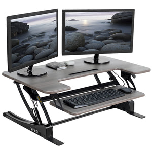 36 inch Height Adjustable Stand Up Desk Converter, V Series, Quick Sit to Stand Tabletop Dual Monitor Riser Workstation, Gray Top, Black Frame, DESK-V000VG