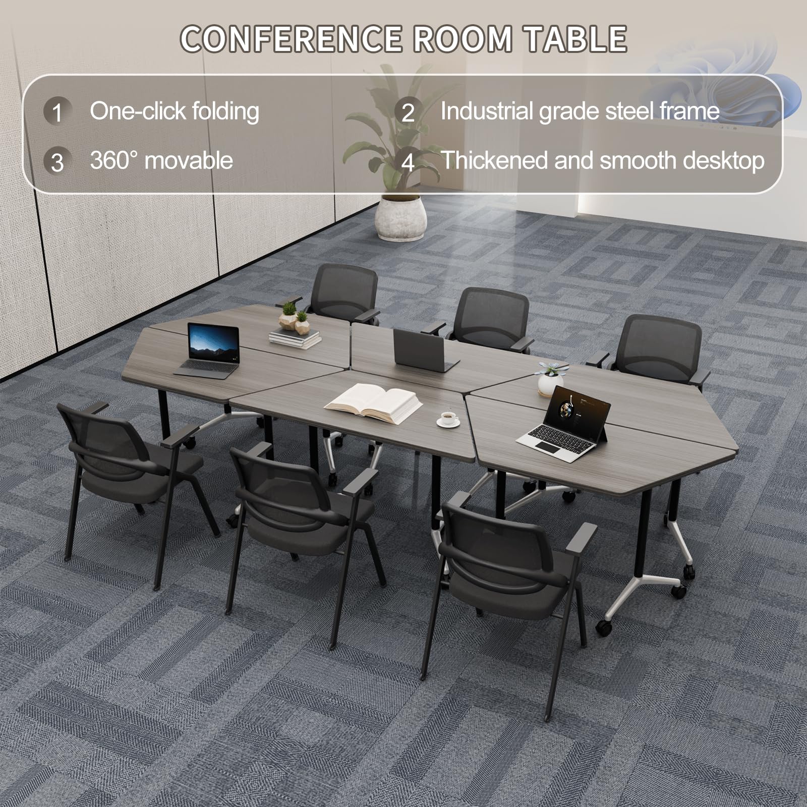 6 Pack Folding Conference Tables with Wheels, 4FT Modern Modular Conference Room Table Mobile Trapezoid Foldable Training Table for Office Classroom Meeting (6PACK,Oak Grey)