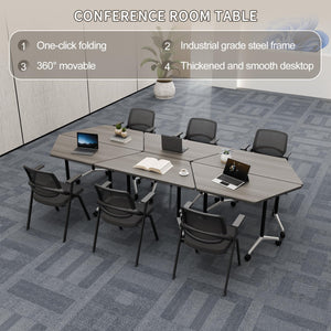 6 Pack Folding Conference Tables with Wheels, 4FT Modern Modular Conference Room Table Mobile Trapezoid Foldable Training Table for Office Classroom Meeting (6PACK,Oak Grey)
