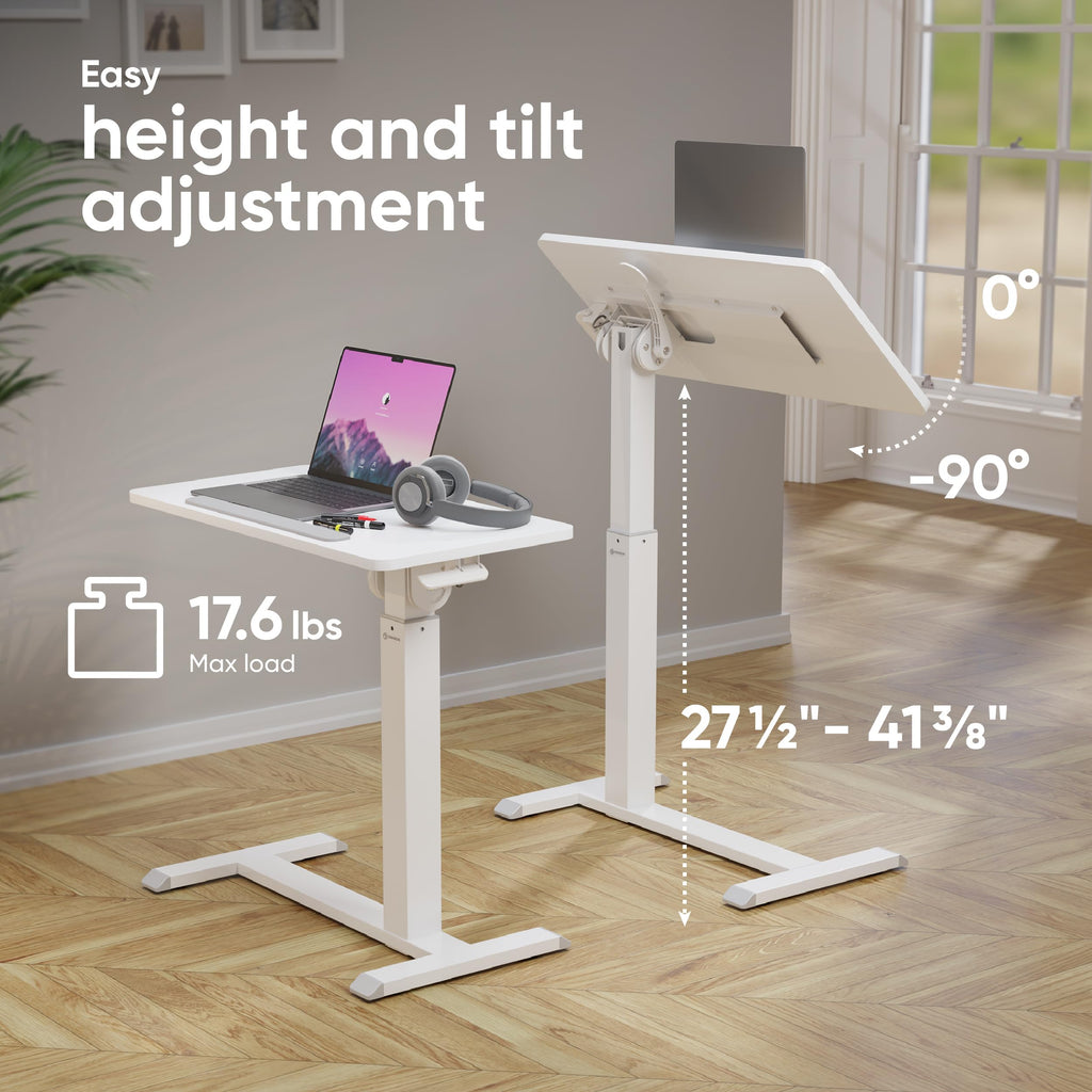 Laptop Cart on Wheels, max Load up to 17.6 lbs, Small Rolling Table with Hidden Wheels, Mobile Standing Desk Adjustable Height, 90° Tilting Portable Workstation, Overbed Bedside Desk White
